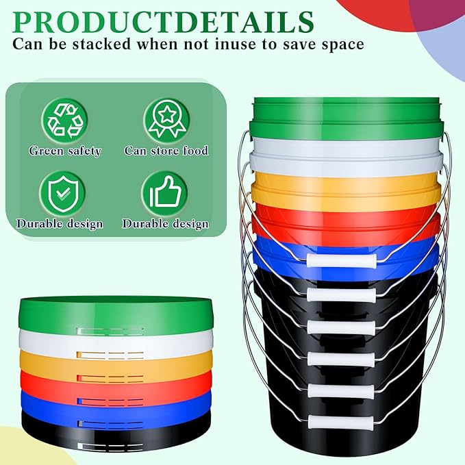 6 Pack 2 Gallon Plastic Bucket with Lid Heavy Duty Pail with Metal Handle Reusable Small Multipurpose Paint Buckets Container for Food Storage(Colorful)