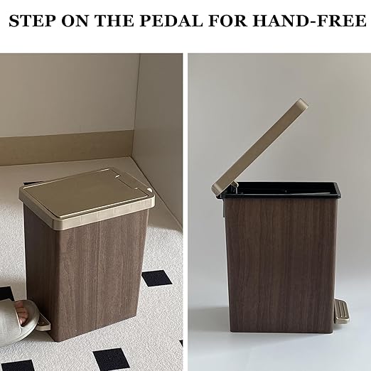 Compact Trash Can with Lid, 15 Liter/3.9 Gallon, Plastic Slim Garbage Can for Home, Bathroom, Kitchen, Office, Living Room, Bedroom, Vintage Waste Bin with Foot Pedal and Touch Top