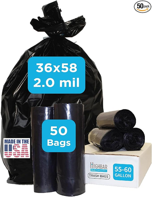 Industrial Grade 50 Count Black Trash Bags, 55-60 Gallon, 2.0 Mil, 36 x 58, Extra Strength, Heavy Duty, Tear and Puncture Resistant, No Ears, Unscented, Durable, No Ties, Made in USA