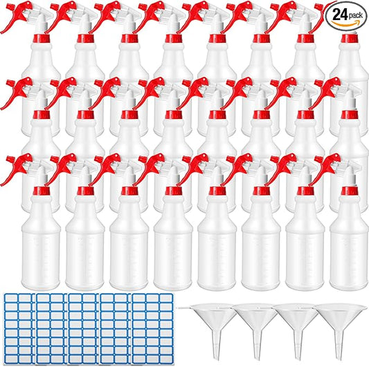 Zubebe 24 Pack 32 oz Plastic Spray Bottle Bulk Empty Leakproof Heavy Duty Spray Bottles for Cleaning Supplies Mist Bottles with Label and Adjustable Nozzle for Plant(Red and White,Clear Scale)