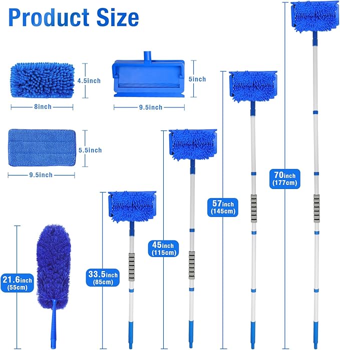 Ceiling Fan Cleaner Duster with 72" Extension Pole & 4 Reusable Pads, High Ceiling Fan Blade Cleaning Tool, Flexible Microfiber Duster for Baseboard,Blinds,Cobwebs,Floor, -Lightweight & Washable