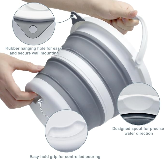 2-Pack Small Collapsible Bucket 1.3 Gal/5L, BPA-Free - Space-Efficient, Portable Foldable Water Pail for Household, Outdoor Use, Car Wash, Camping, Fishing - Grey