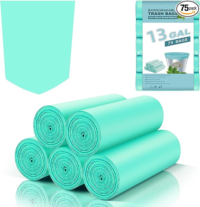 Biodegradable Trash Bags 13 Gallon Tall Kitchen - Inwaysin 75 Counts Large Unscented Compostable Recycling Garbage Bag Blue Bulk Strong Thick Wastebasket Liners for Bathroom Toilets