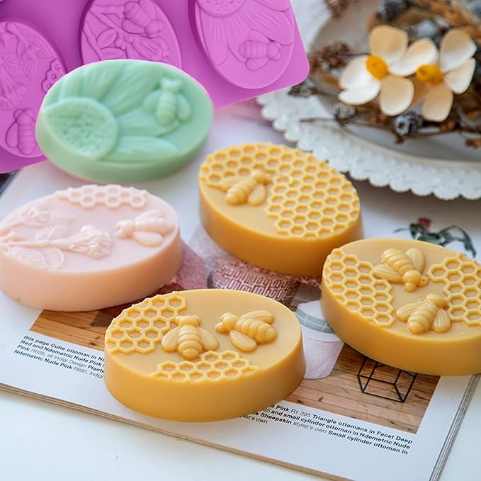 2PCS Oval Bee Silicone Soap Molds, 3D Honeycomb Shape Soap Molds, 6 Cavity Honeycomb Silicone Molds for Homemade Soaps, Beeswax, Resin, Bath Bomb, Cake, Chocolate, Bakeware (Purple)