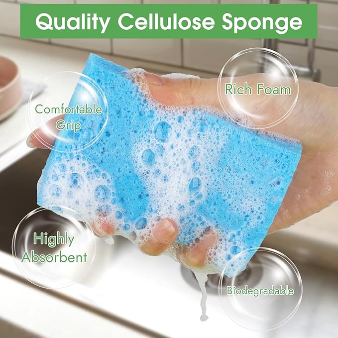 12 PCS Dish Sponges Kitchen, Non Scratch Cleaning Sponge for Non Stick Cookware, Natural Compressed Cellulose Wash Scrub for Household Bathroom, Soft Washing Scrubbers (Blue)