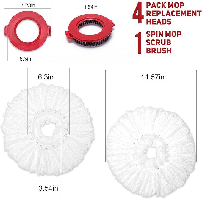 4-Pack White Mop Replacement Heads with 1 Spin Mop Scrub Brush - Microfiber Replacement Mop Heads Universal for 360°Spin Magic Mopping,Round Shape Standard Size
