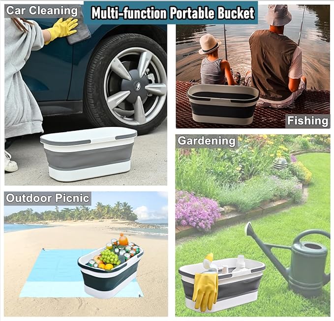 Collapsible Mop Wash Basin Bucket with Handle and Wheels, 12L (3.2 Gallon) Portable Plastic Basket Crate Tub for Storage Organization, Foldable Water Bin Container for Cleaning, Car Washing, Blue