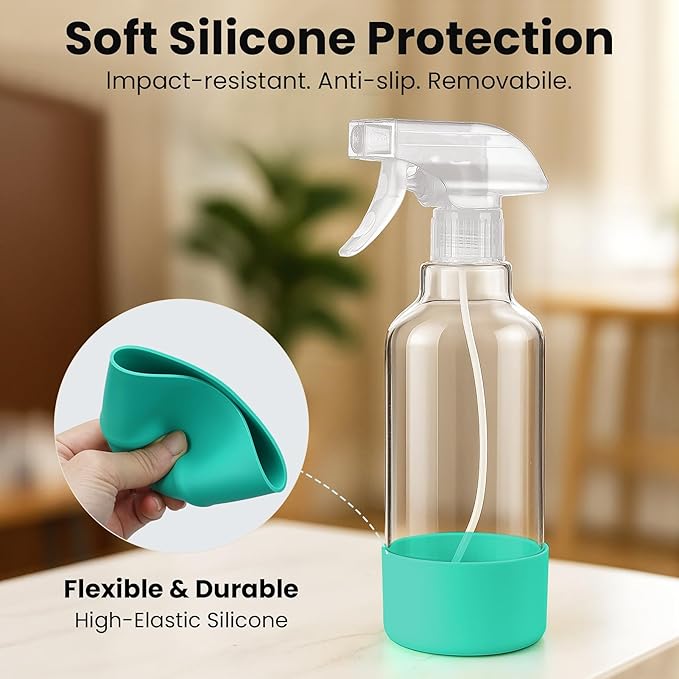 Glass Spray Bottles with Silicone Sleeve 16.9oz 2 Pack Empty Spray Bottle for Hair Mist/Stream Spraying for Cleaning Solutions, Plants, Essential Oils (clear-green&grey)