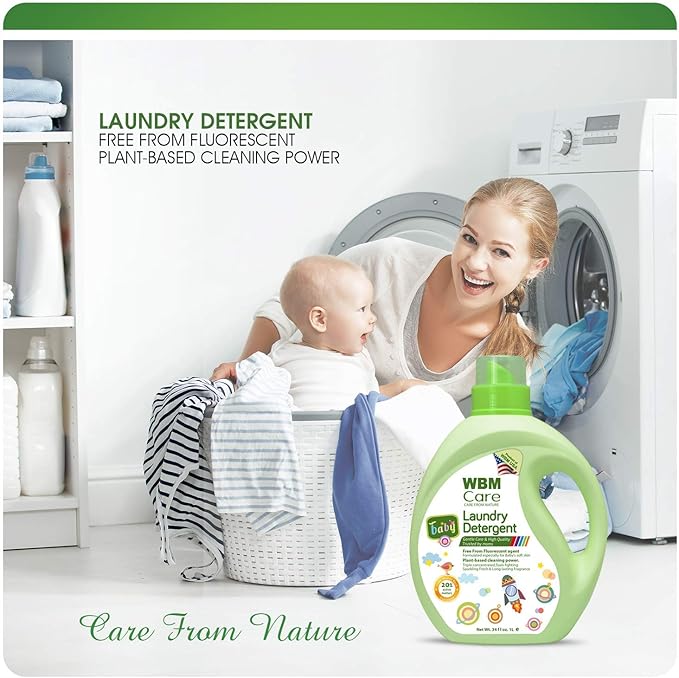 WBM Plant-Based Laundry Detergent Liquid – 34 fl oz, 50 loads total. Eco-friendly formula for powerful cleaning, gentle on fabrics, and safe for the environment