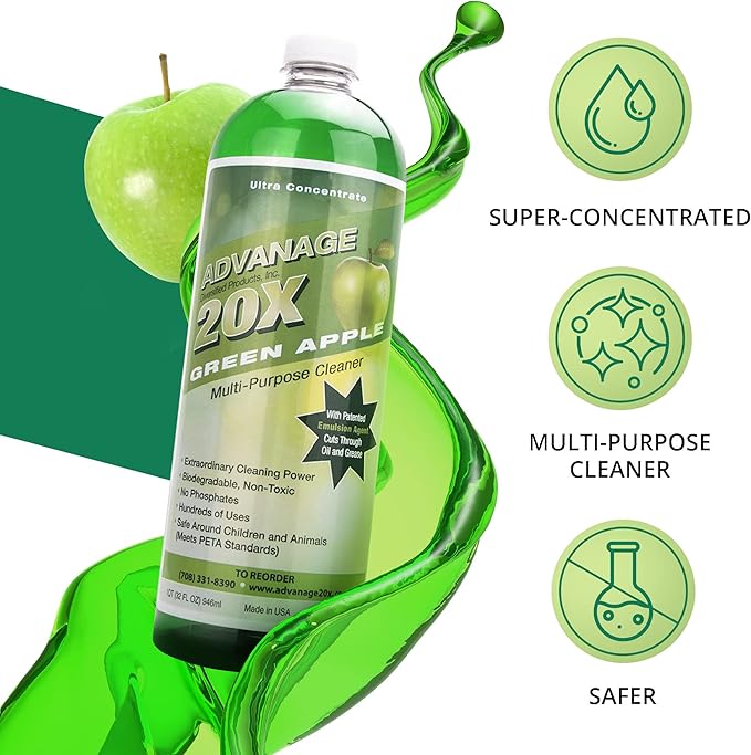 All Purpose Cleaner Concentrate - Advanage 20X The Wonder Cleaner Green Apple for All Surfaces Around Bathroom, Kitchen, Oil and Grease, Multi Purpose Cleaner for Household Cleaning Solution, 32 Fl Oz