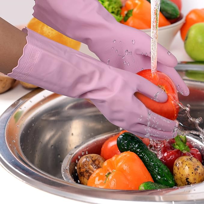 Bamllum Rubber Cleaning Gloves - 2 Pairs Latex Free Kitchen Cleaning Gloves with Cotton Liner- Household Dishwashing Gloves, Non- Slip Waterproof (Large, Blue+Pink)