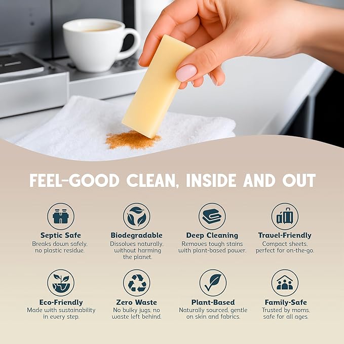 QLEAN Vegan Stain Remover Bar for Fabrics, Laundry Bar Soap for Clothes – Plant-Based, Travel-Friendly Stain Remover for Grease, Wine, Coffee, Grass & More – Non-Toxic & Safe for Delicates (1)