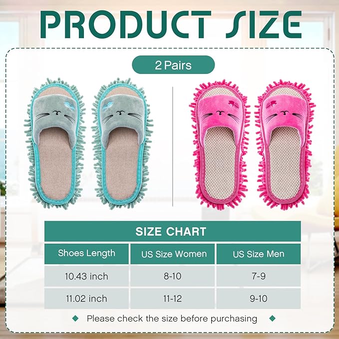 HooLing 2 Pairs Mop Slippers Microfiber Cleaning Dusting Unisex House Washable Mopping Slipper Household Tools for Wood Floor Dust Dirt Tool (Men's 7-9, Women's 8-10,Rose Red, Green)