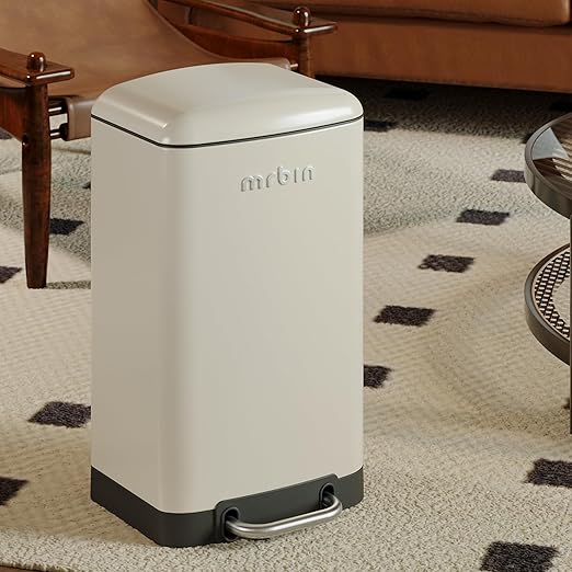 MRBIN Bathroom Trash Can with Lid, Metal Step Kitchen Waste Basket Touchless Soft Close, 20L / 5.2gal Rectangle Garbage Bucket with Stainless Steel Pedal for Office, Bedroom Accessories, White
