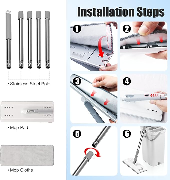 Flat Mop and Bucket with Wringer Set, Hands-Free Floor Mop and Bucket with 3 Reusable Washable Microfiber Pads and 66" Stainless Steel Handle, Wet and Dry Use for Home Floor Cleaning