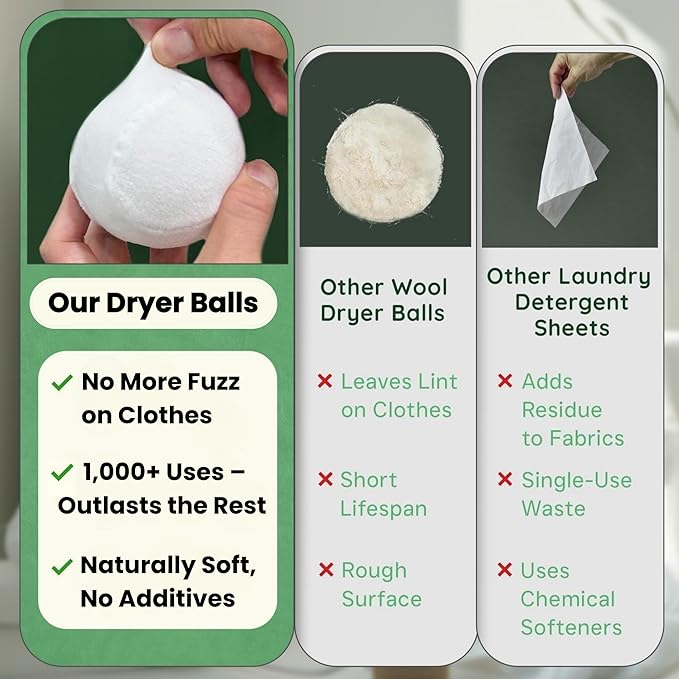 Wool Dryer Balls - Lint-Free - 6XL Pack - 1000+ Loads - Premium Natural Fabric Softener - Reduces Drying Time & Static - Includes Essential Oil - with Storage Bag