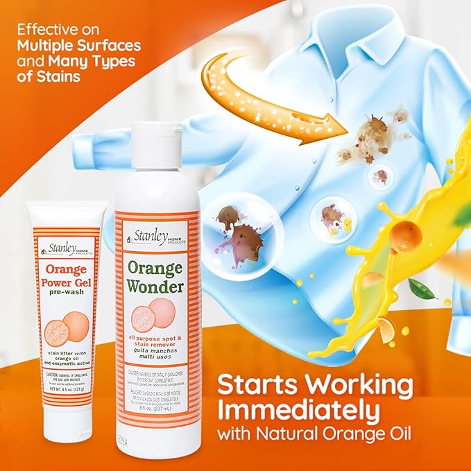 Stanley Home Products Orange Power Gel & Orange Wonder Stain Remover - Complete Cleaning Set - Removes Odors and Tough Stains Oil Grease and More on Fabric Upholstery and Other Surfaces