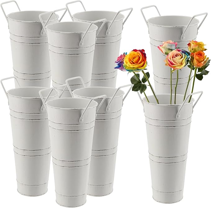 8 Pack 9 Inch Tall Galvanized Flower Bucket, Beige Farmhouse French Flower Bucket with Handle, Rustic Vintage Metal Vases for Flower, Centerpieces, Floral Wedding Arrangements