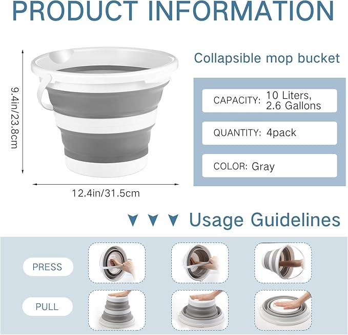 Pickmesh 4 Pcs Autumn Camping Collapsible Bucket, Small Cleaning Bucket with Handle 2.6 Gallon (10l) for Household Outdoor Car Washing Portable Camping Beach Sand Tub(Gray)