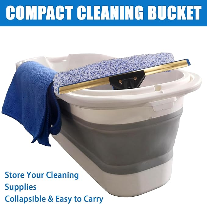 Window Cleaning Kit with Storage Bucket,Window Washing Kit with 4.5Ft Extension Pole,Scrubber,Spray Bottle,Duster Cloth,Squeegee with Rotating Head,Professional Window Cleaning Squeegee Kit