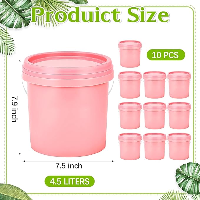 Gerrii 10 Pack Pink 1 Gallon Plastic Bucket with Handle and Lid Food Storage Bucket Containers All Purpose Pail for Paint Water Art Crafts Projects Garage Organization