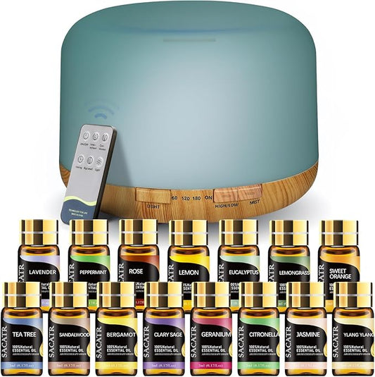 SACATR 500ml Essential Oil Diffuser with 15 Essential Oils, Ultrasonic Cool Mist Humidifier, Remote Control, 4 Timers, 15 Color Lights, Auto Shut-Off