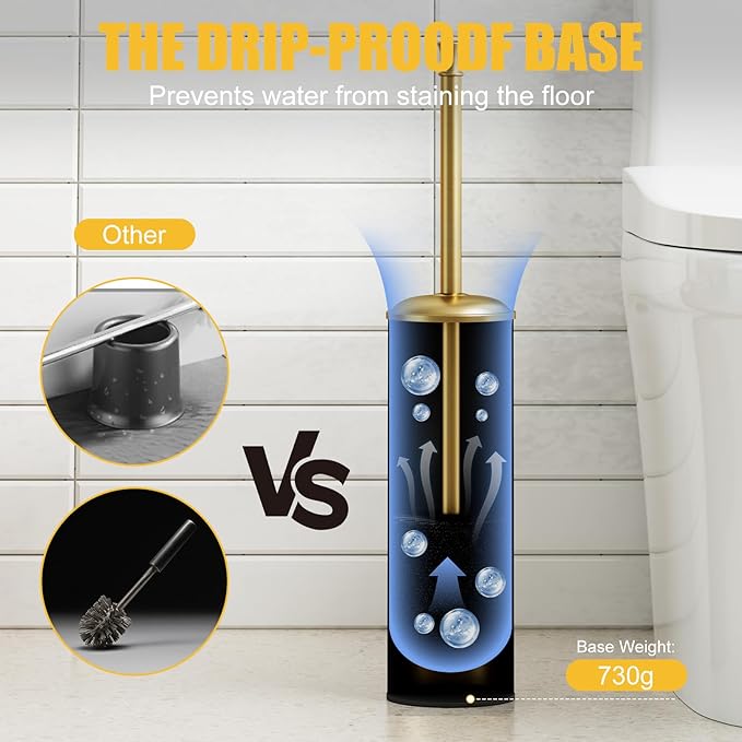 BESy Toilet Brush and Holder, Toilet Cleaner Bowl Set with Two Brush with Extra Long Handle, Durable Bristles Toilet Scrubber and Covered Holder, Drip-Proof Stainless Steel Brushed Gold