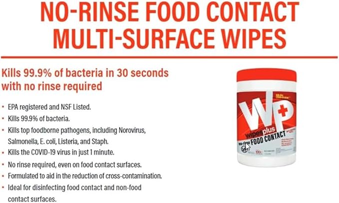 WIPESPLUS No-Rinse Food Contact Wipes Canister Multi-Surface Wipes, Unscented for Home and Business, 100, (1 Pack of 100)