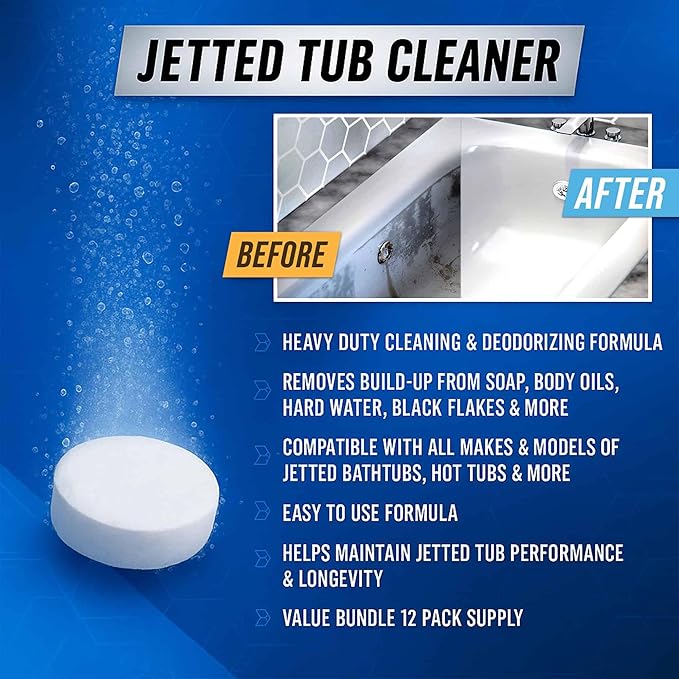 Jetted Tub Cleaner Bathtub Tabs - 12 ACTIVE Cleaning Tablets, Compatible with Whirlpool & Spa Bath System, Jets, Whirl Tubs, Professional Septic Safe Bath Jet Scale and Residue Remover - 1 Year Supply