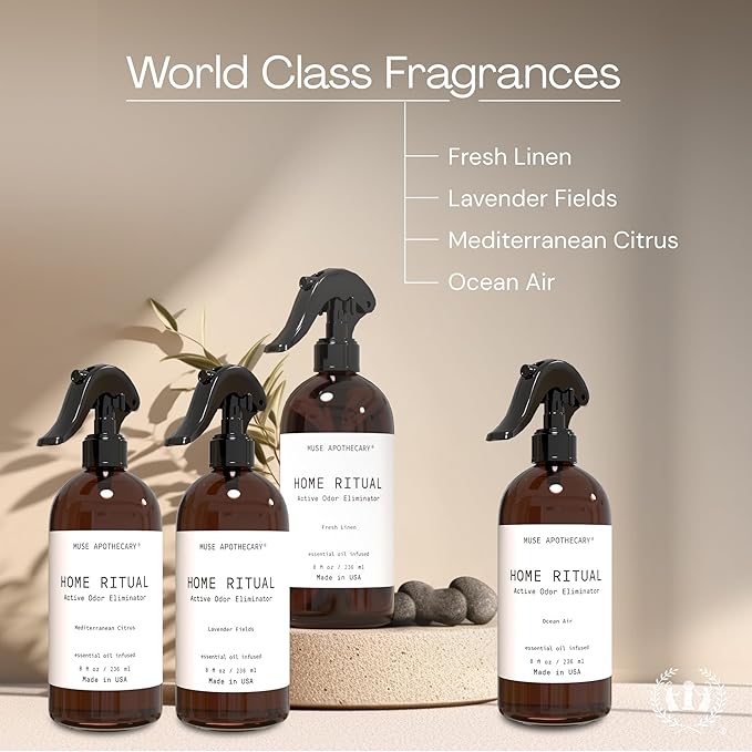 Muse Apothecary Home Ritual Active Odor Eliminator Spray - Furniture Deodorizer Spray & Bathroom Odor Eliminator for Home - Essential Oil Air Freshener - 4oz, Lavender Fields