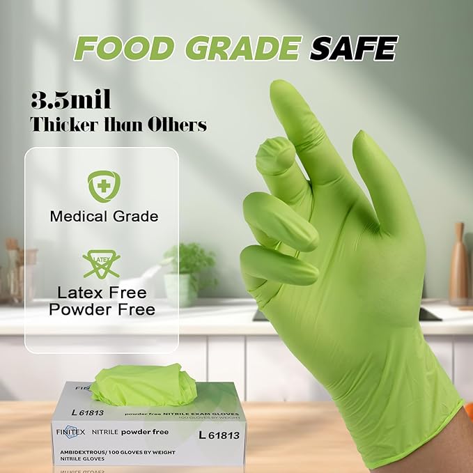 FINITEX Nitrile Disposable Latex-Free Gloves Green - 3.5mil 100PCS Powder-Free Gloves Cleaning Medical Exam Food Gloves