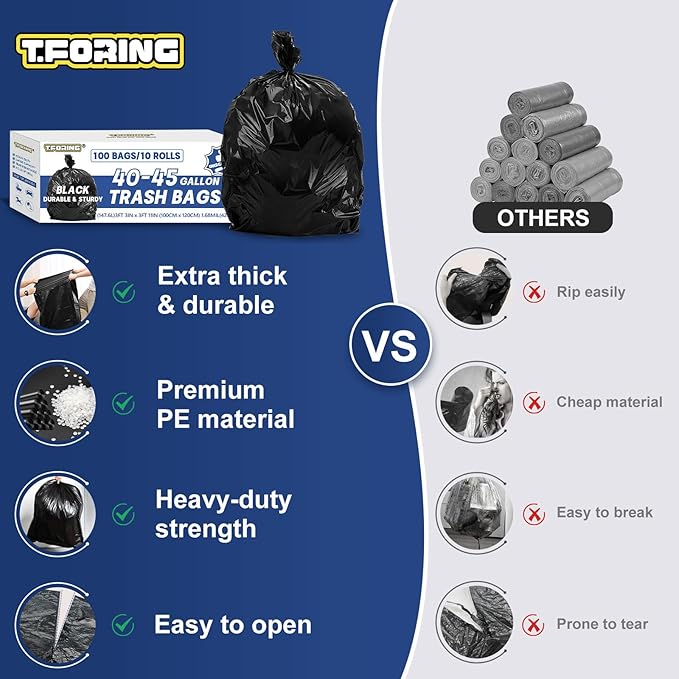Large 40-45 Gallon Trash Bags Heavy Duty - 1.6 Mil Thick,39''x47'' Strong Black Garbage Bags Unscented 100 Count Trash Can Liners for Construction Industrial Yard Outdoor Commercial