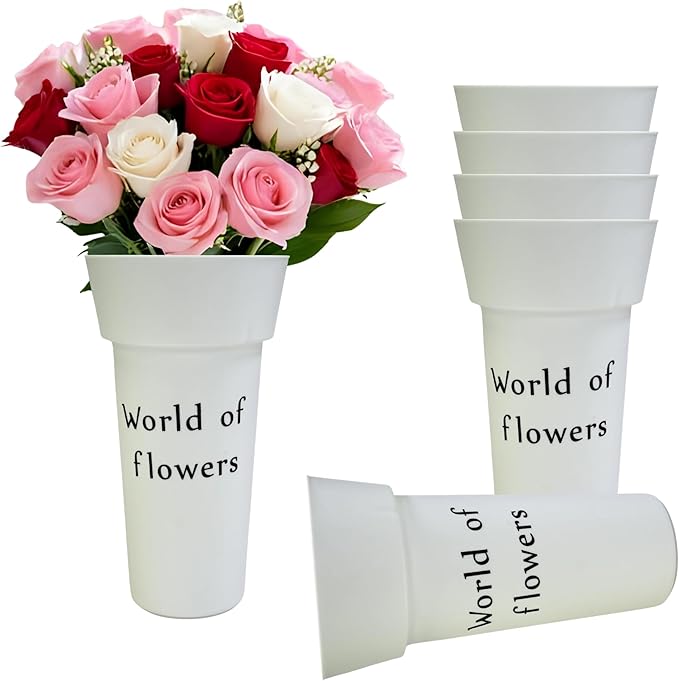 VITAGIR. Set of 6 Buckets for Cut Flowers in Plastic White Matte Color 14 Inch, Flower Buckets for Flower Bar Ideal for Displaying Flowers in Florist Shop or as Home.