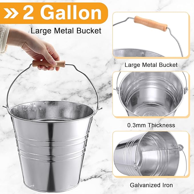 Zopeal 6 Pcs Large Metal Bucket Beer Bucket Galvanized Steel Pail with Handle for Gifts Basket Ice Candy Party (9.5 x 8.67 x 6.5 Inch,Silver)