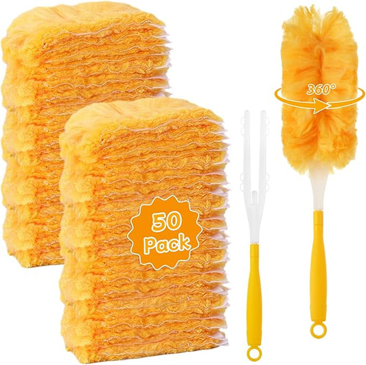 50 Count 360 Heavy Duty Duster Refills Bulk Compatible with Swiffer, Dusting Refills with 1 Handle, Multi Surface Disposable Dusters Refill for Cleaning (Yellow)