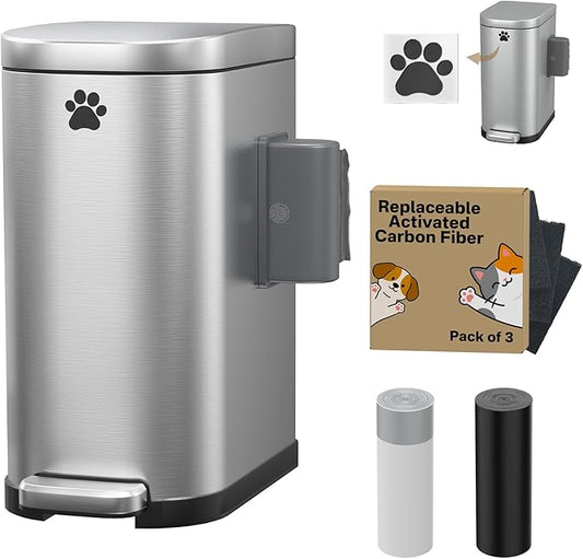Dog Poop Trash Can Outside with Odor Control Lid & Step Pedal, 3.2Gal Stainless Steel Outdoor Trash Can, Waterproof Dog Waste Container Station - Includes Carbon Filters & Paw Stickers