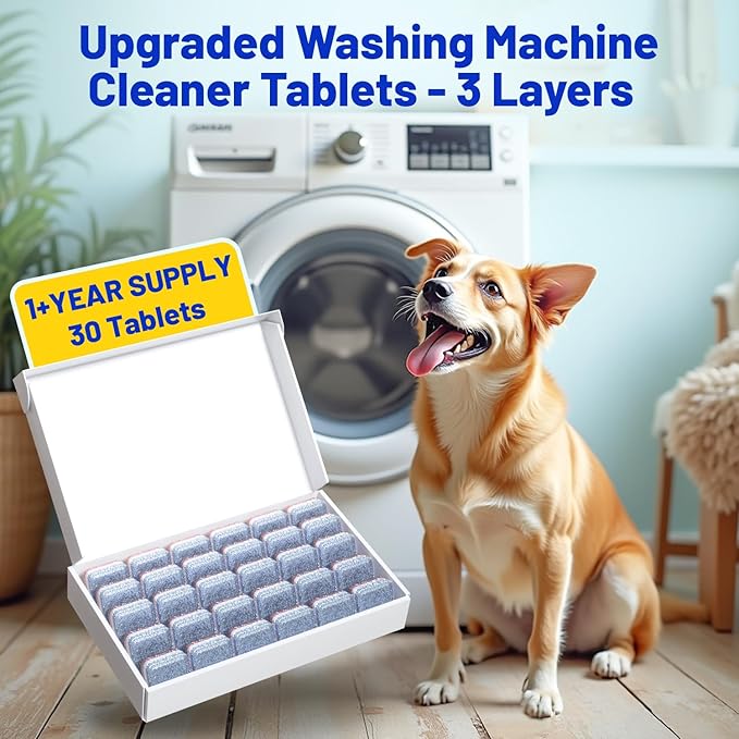 Washing Machine Cleaner Tablets Ultra - Designed for Pet Owners, Removes Residue, Grime & Odors, with Mold Cleaning Gel&Brush, Compatible with HE, Top&Front Load, 30 Tablets-12+ Month Supply