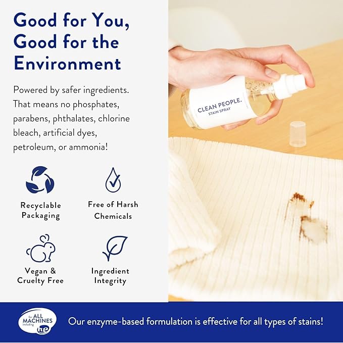The Clean People Stain Remover Spray - Simple, Clean Ingredients - Laundry Spot Treatment for Food, Pet & Baby Stains - Boosted with Enzymes - Fabric Safe - 4oz (2 Pack)