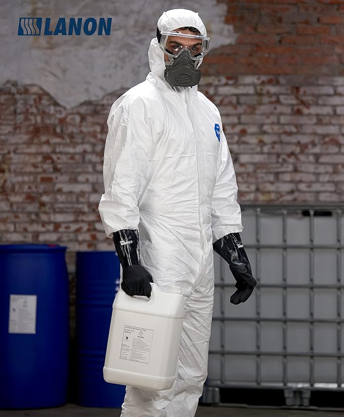 LANON Nitrile Chemical Resistant Gloves, Reusable Heavy-Duty Rubber Gloves with MicroFoam Textured Palm, Acid, Alkali and Oil Protection, Black, XXL