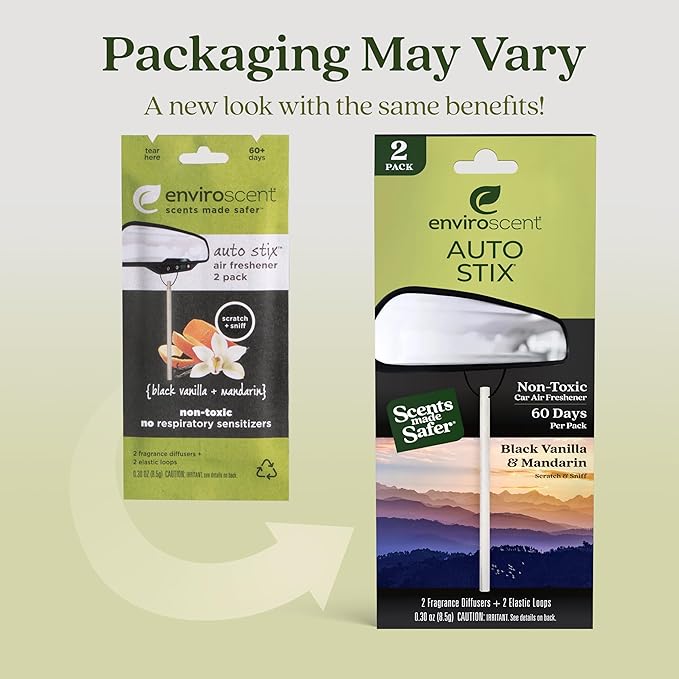 Enviroscent Non-Toxic Car Air Freshener | Natural Car Air Freshener | Essential Oil Diffuser | Car Scent Lasting Over 480 Days | 8 Packs of 2 Hanging Auto Stix (Black Vanilla & Mandarin)