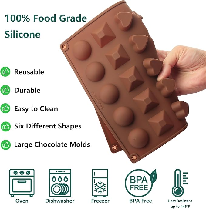 Chocolate Molds Silicone with 30 Cavities 6 Different Shapes for Making Larger Chocolate/Candy/Gummy/Cake Décor for Wedding Party & Celebration