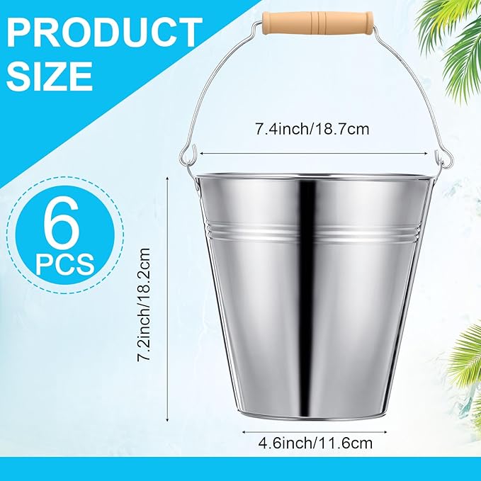 Zopeal 6 Pcs Large Metal Bucket Beer Bucket Galvanized Steel Pail with Handle for Gifts Basket Ice Candy Party(7.4 x 7.2 x 4.6 Inch,Silver)