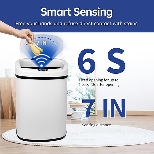 Kitchen Trash Can Office Bathroom Bedroom Waste Bin with Lid Automatic Sensor Touch Free Stainless Steel Garbage Can 13 Gallon / 50L,White