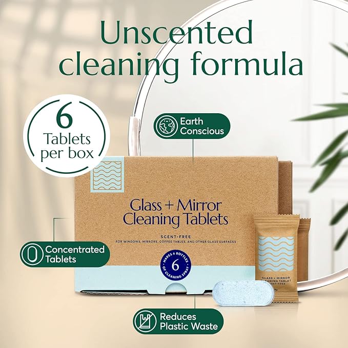 CLEANOMIC Glass and Mirror Cleaning Tablets (6 Pack) - All-Purpose Multi-Surface Household Cleaner Tablets (Scent-Free)
