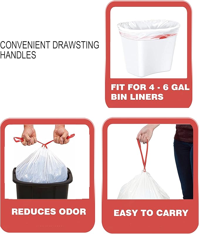 Trash Bags 4-6 Gallon Drawstring, 75 Count Garbage Bags, Medium Kitchen Trash Bags, Odorless & Heavy Duty White Plastic Food Scrap Bags for Bathroom Bedroom Office Waste