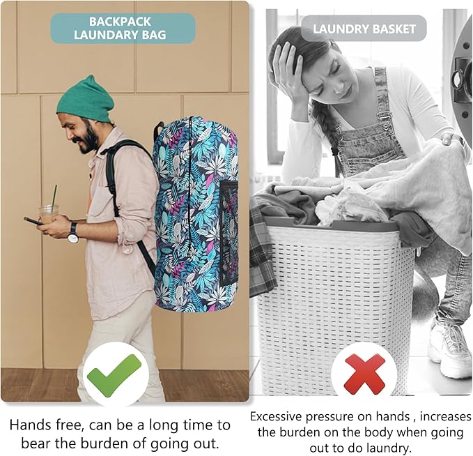 Green Leaf Portable Laundry Bag Backpack with Adjustable Straps & Drawstring Closure, Mesh Pocket - Ideal for College, Apartment, Camping