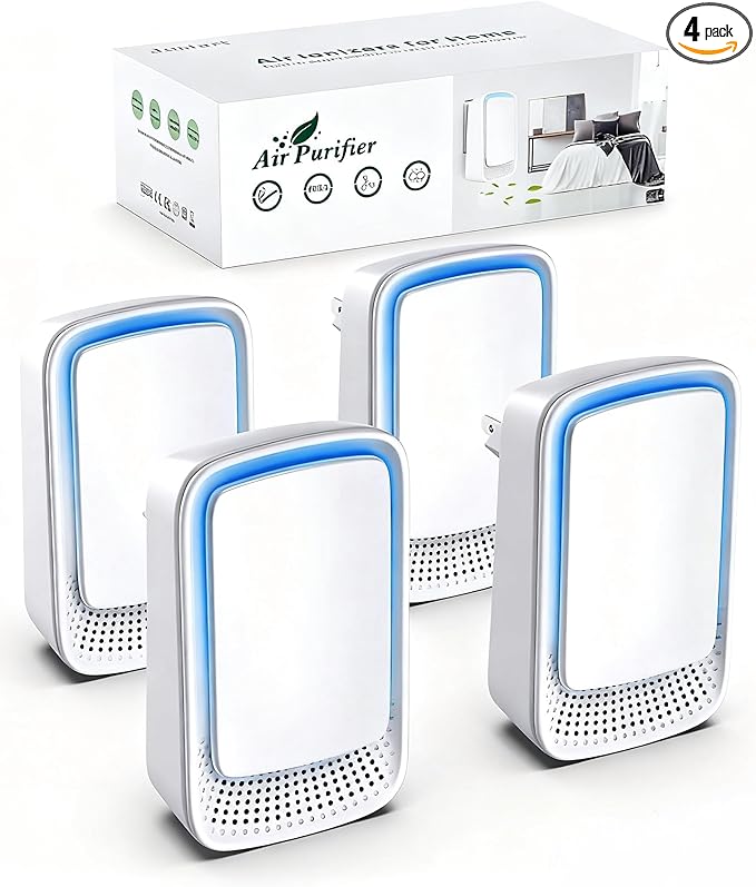 Plug In Air Ionizer Purifier for Home (4 Pack), Negative Ion Generator, Quiet Air Freshener for Bedroom, Office, Kitchen, Portable Air Filter, Mini Air Cleaner