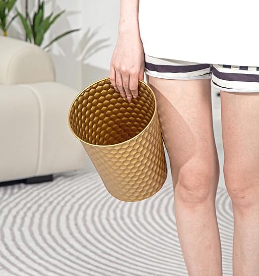 Small Metal Trash Can Wastebasket, Decorative Honeycomb Garbage Can Waste Basket, Modern Farmhouse Round Trash Bin for Bathroom, Bedroom, Kitchen and Office (Gold)