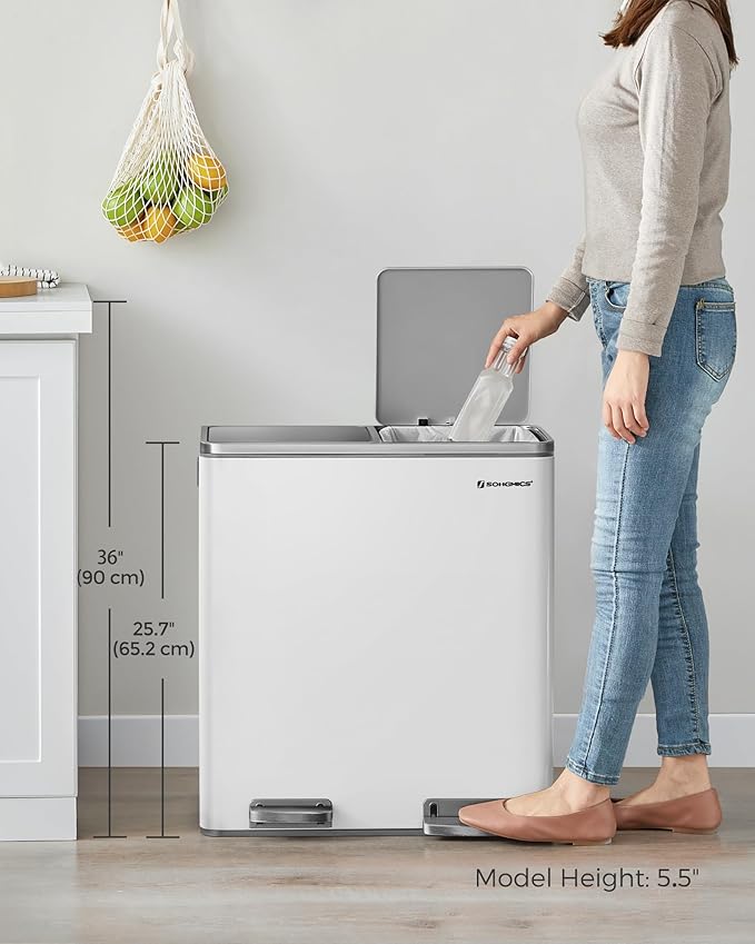 SONGMICS Trash Can, 2 x 8 Gallon (2 x 30 L) Garbage Can for Kitchen, with 15 Trash Bags, 2 Compartments, Plastic Inner Buckets and Hinged Lids, Airtight, White and Gray ULTB60WT