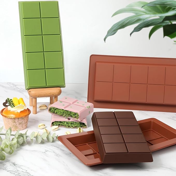 2 Pack Dubai Chocolate Bar Mold Deep Chocolate Molds Silicone with 100 Pcs Bags and 1 Pcs Scraper Set Big Chocolate Bar Mold for Filling Pistachio Chocolates Bars Homemade Candy Making
